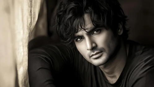 Monochrome close-up portrait of seated young male subject.