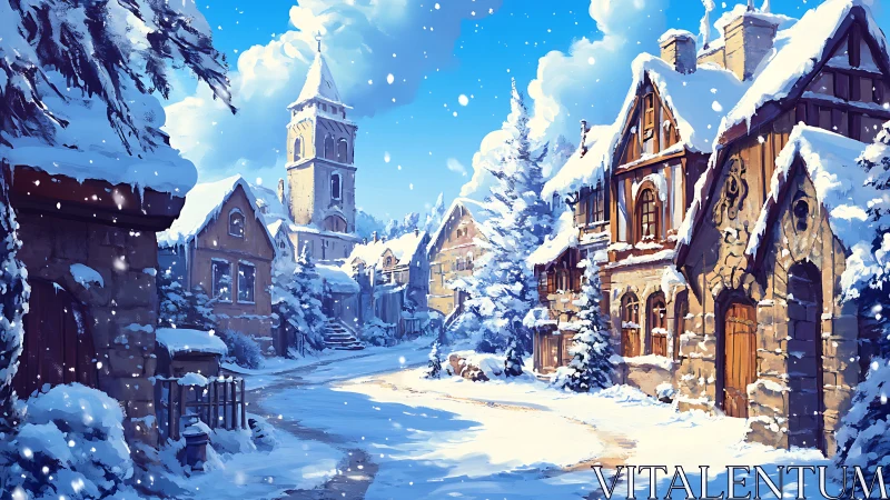 Digital painting of sunlit medieval village under fresh snowfall.