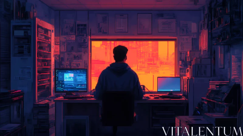 Solitary programmer studies neon city through glowing window