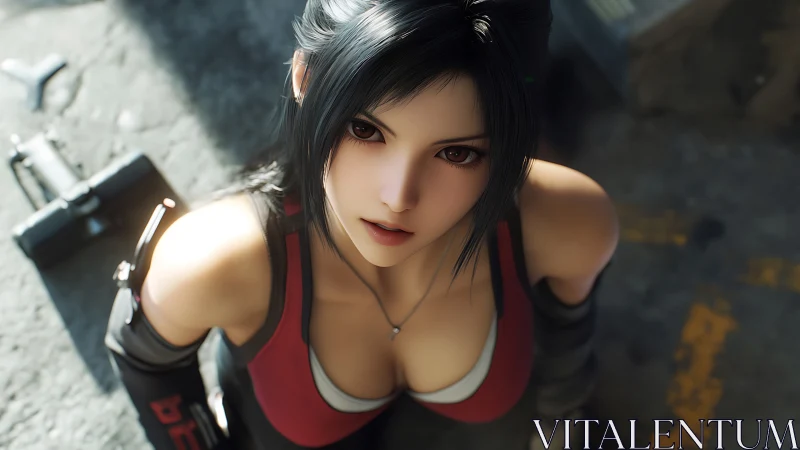 Striking warrior girl gazes upward with bold, steady focus