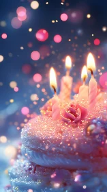 Crystalline Birthday Cake Ignites with Dancing Flames Against Twilight