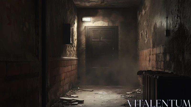 Dim corridor terminates at closed door with localized light source