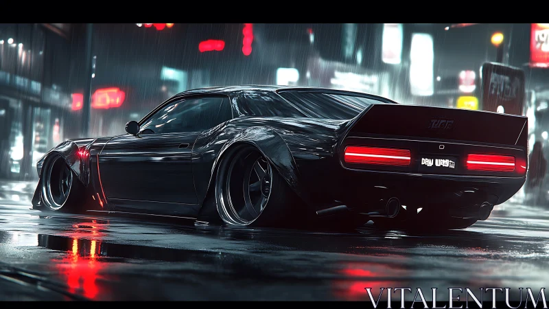 Neon rainstorm muscle car idling in electric midnight streets.