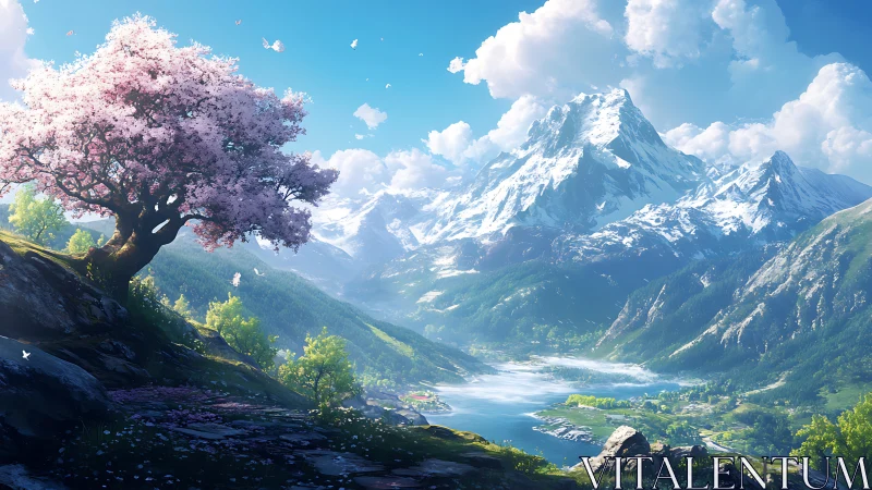 Mountain lake valley with foreground blossom tree at left.