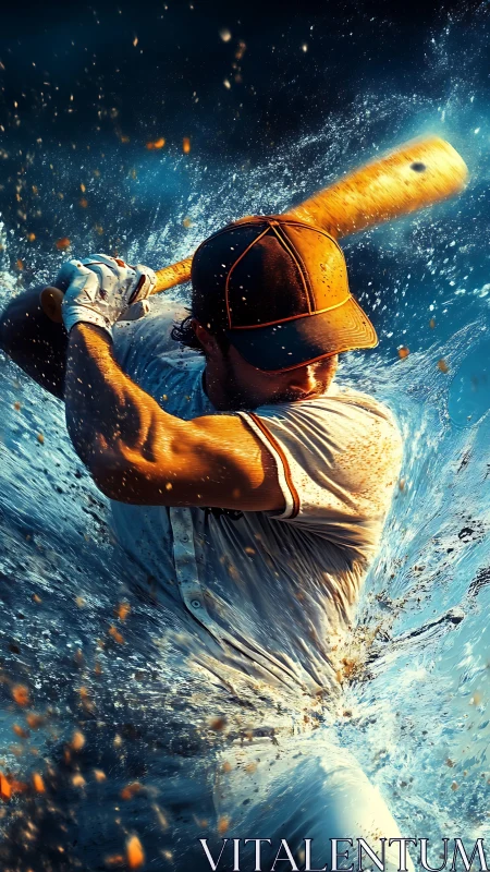 Baseball slugger shatters water splash with dynamic swing.