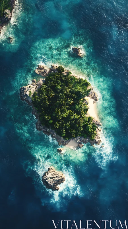 Aerial View of Vegetated Island Surrounded by Turquoise Ocean.