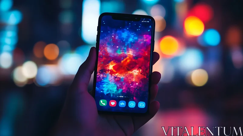 Hand holding smartphone with vivid nebula wallpaper at night.