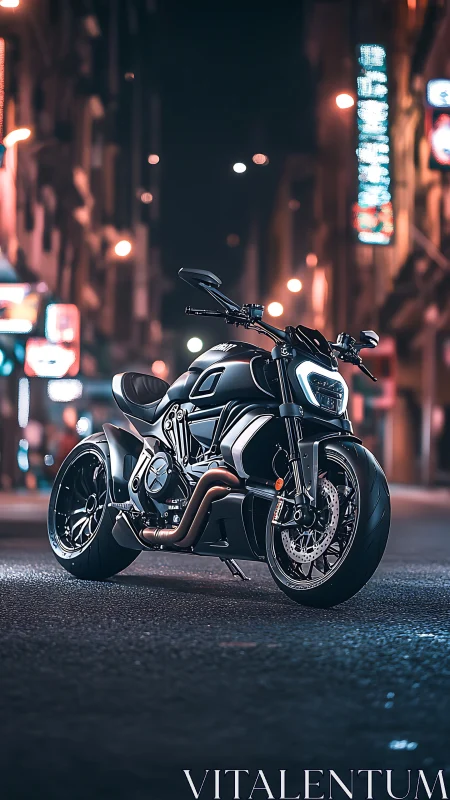 Futuristic street motorcycle glows under neon city lights