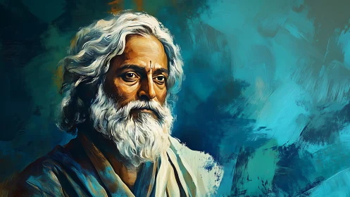 Elderly sage gazes forward amid swirling teal brushstrokes.