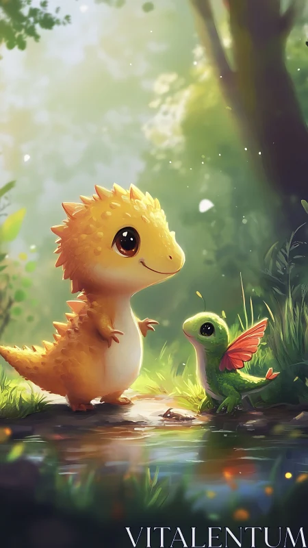 Cute dragon hatchlings by forest stream in soft light.