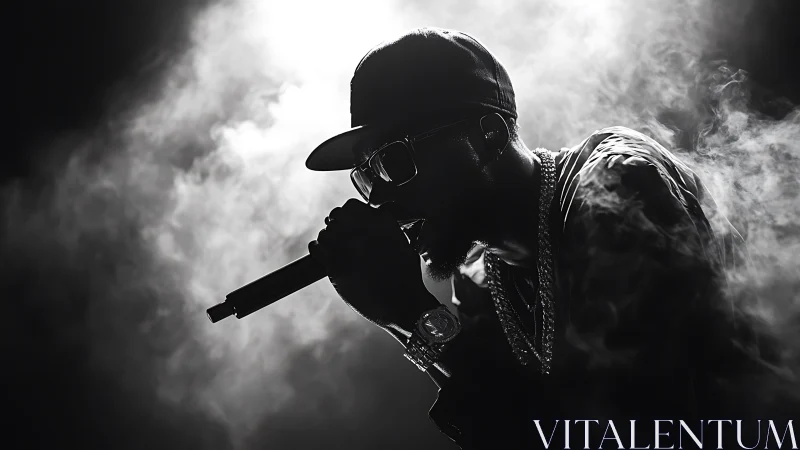High-contrast silhouette of hip-hop vocalist in stage smoke