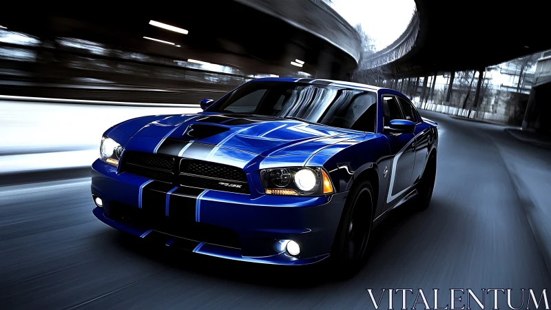 Blue muscle car powers through a sleek urban tunnel at speed