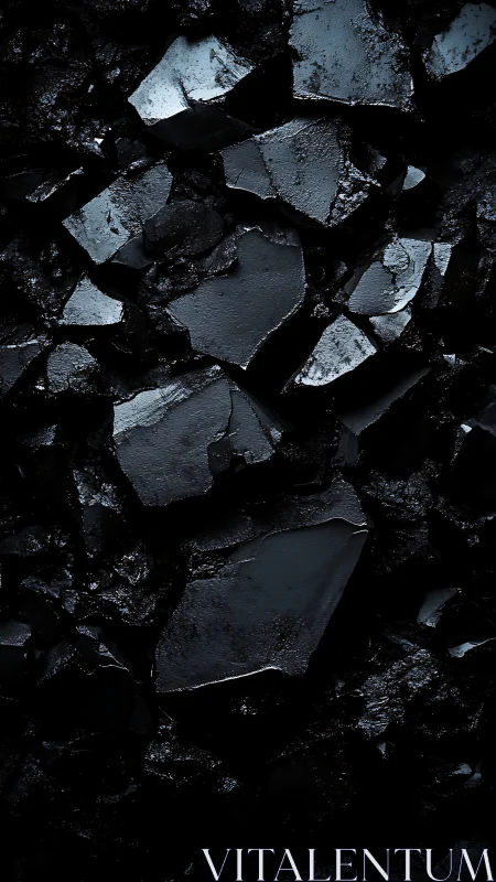 Dark fractured rock surface shows irregular reflective planes