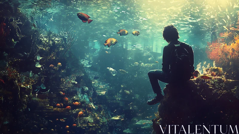 Underwater observer on reef ledge in luminous digital painting.