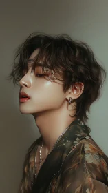 Velvet-lit portrait of a dreamy youth in gilded silk poise.