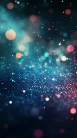 Glittering particle field with colorful bokeh over dark background