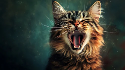 Tabby Cat Yawning with Mouth Wide Open Against Teal Background