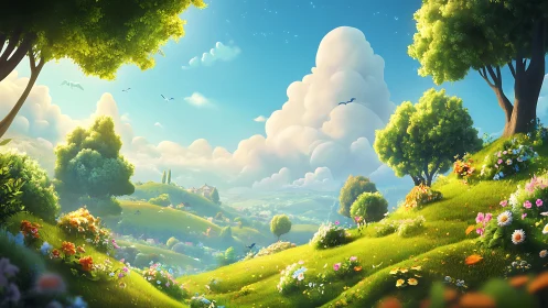 Sunlit stylized valley with volumetric clouds and floral hillsides
