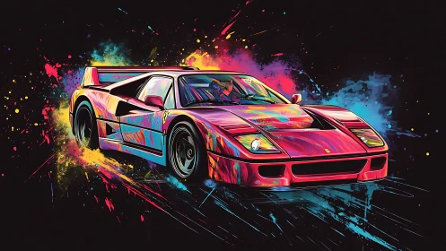 Color-drenched sports car races through bold neon paint splashes