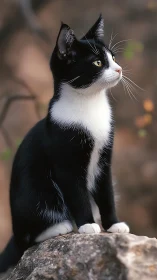 Black and White Cat Perched on Stone Surface
