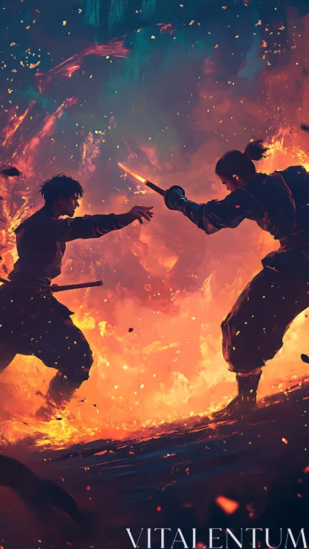 Samurai duel framed by blazing fire and falling embers.