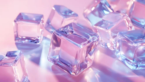 Iridescent glass ice cubes glow on a soft pink backdrop