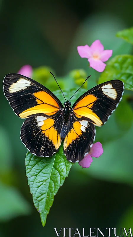 Orange and black butterfly on green leaf in garden.