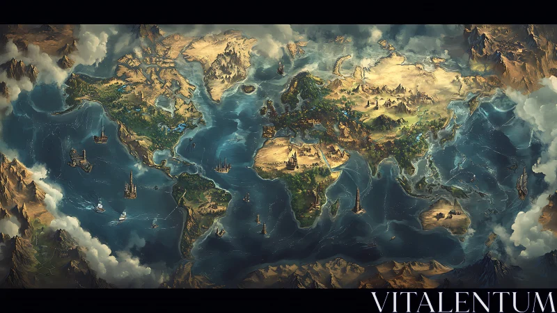 Fantasy world map of continents with ships and cities.