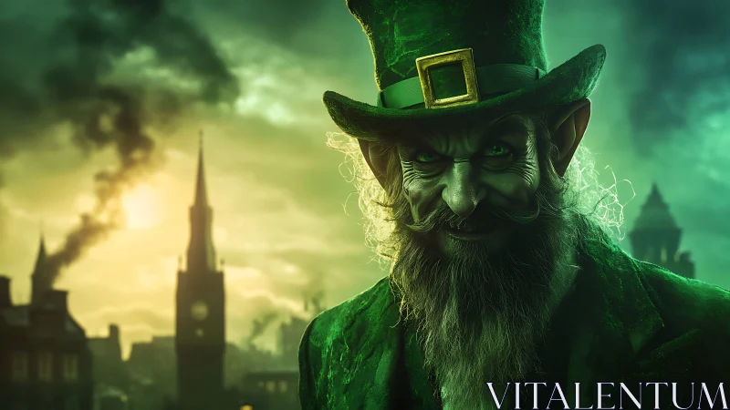 Sinister green leprechaun looms over a foggy cursed city