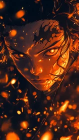 Ember-eyed vigilante wrapped in stormborn firelight gaze.