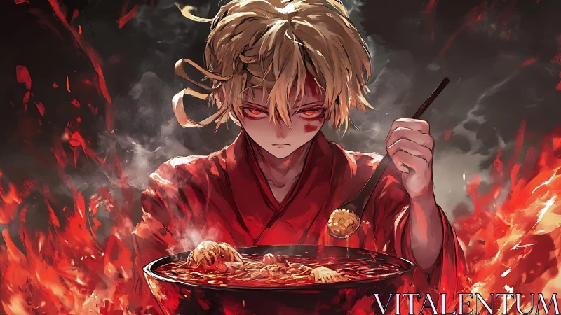 Fiery ramen warrior savoring a bowl of blazing comfort.