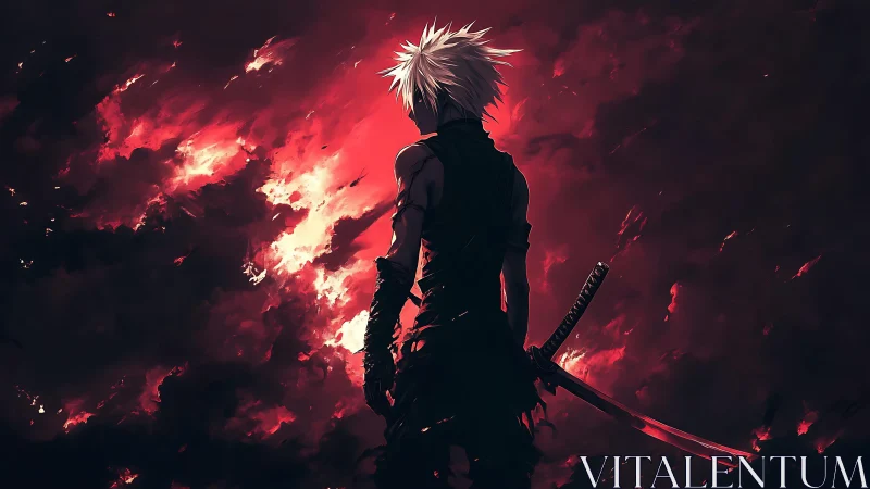 White haired swordsman silhouette against red clouded sky.