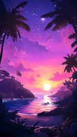 Tropical bay sunset glows under violet starry sky