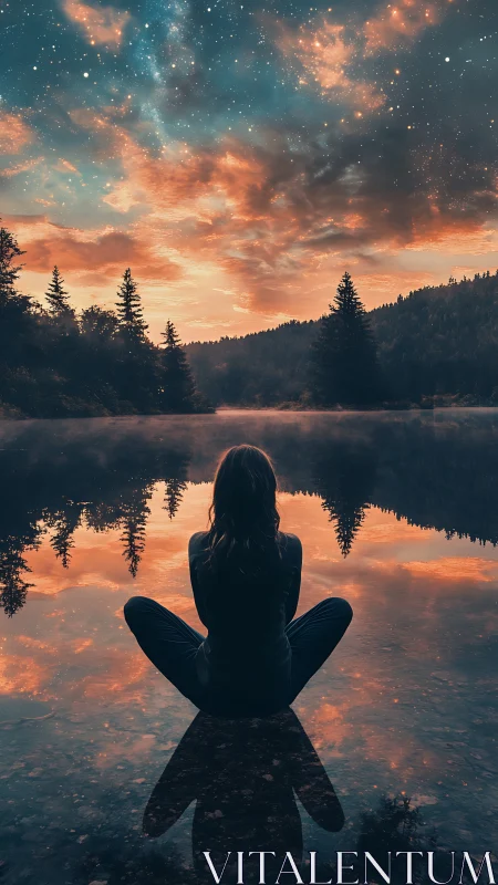 Astral dusk reflection with meditative silhouette at lakeshore.