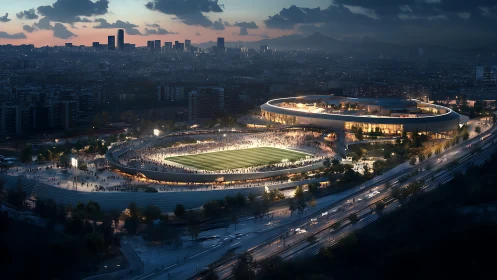 Floodlit urban stadium complex glows against twilight skyline