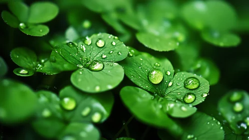 Close-up view of water droplets on clover leaves.