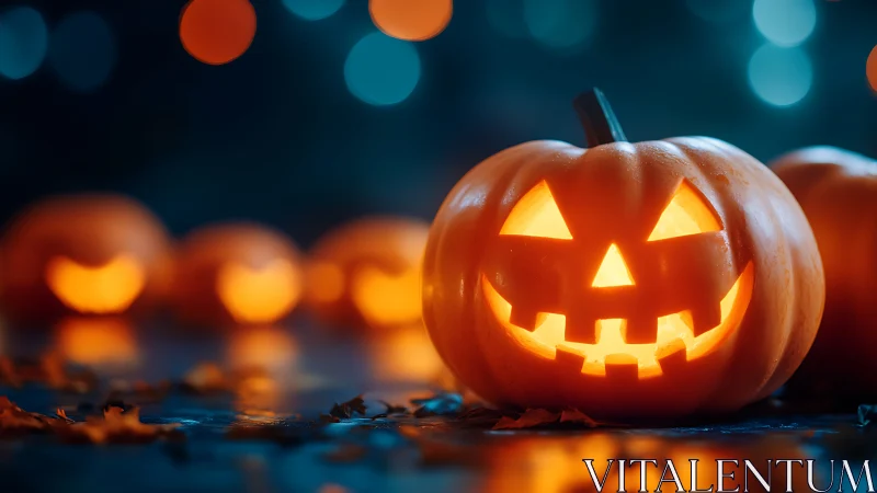 Illuminated jack o lantern with bokeh Halloween pumpkins at night