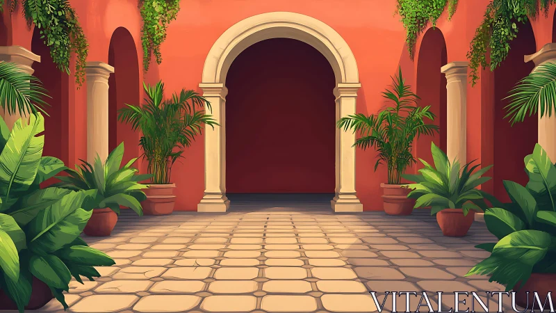 Mediterranean courtyard arcade with terracotta walls and palms