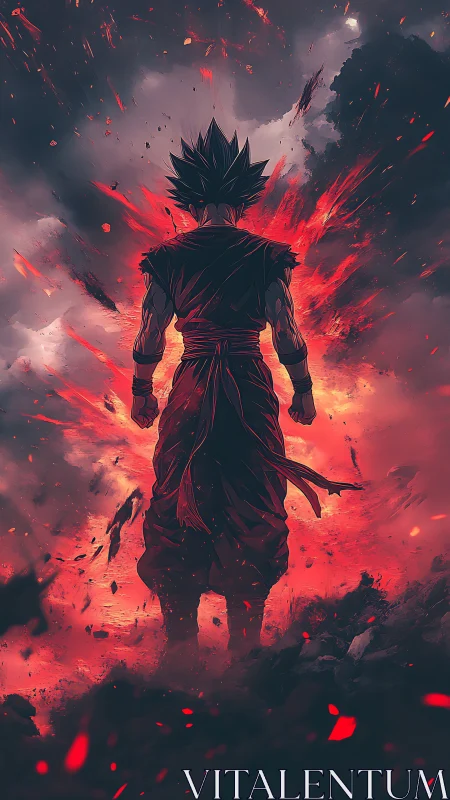 Fierce anime warrior glowing with unstoppable fiery power.