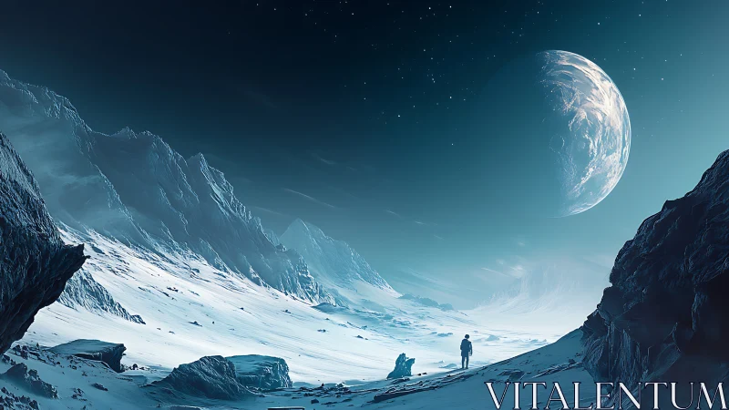 Solitary astronaut on frozen exoplanet under massive crescent world