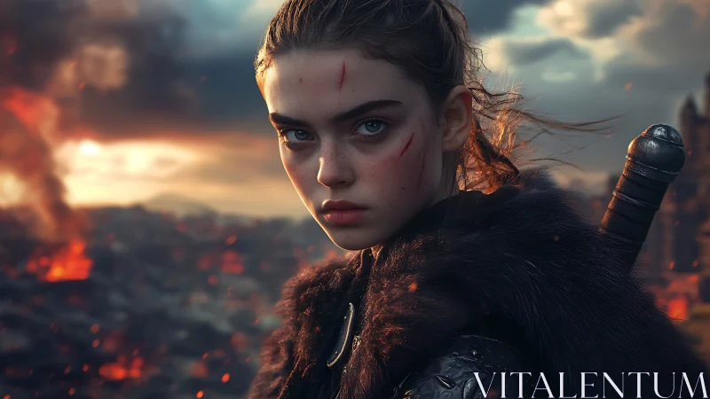 Young warrior stands defiant above a burning battlefield