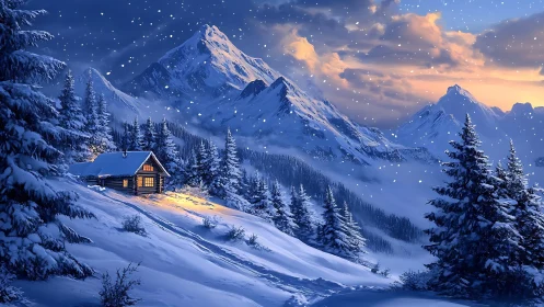 Snow-covered mountain cabin in illuminated winter valley.