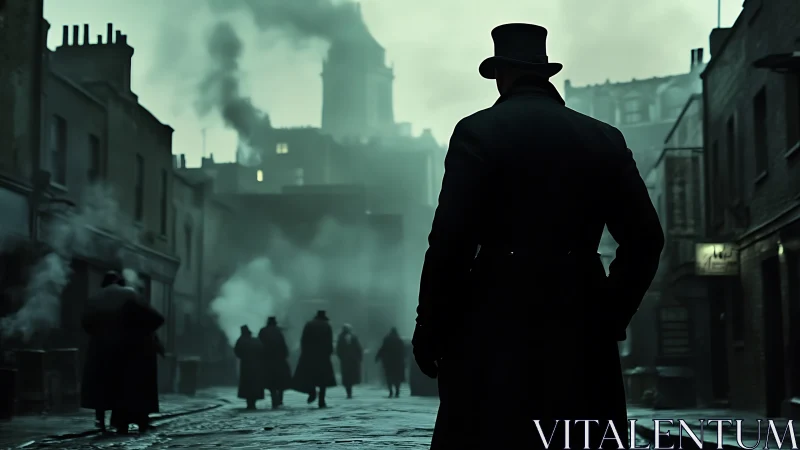 Misty Victorian street welcomes a lone figure into the fog