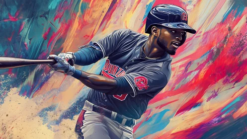 Vibrant digital painting captures a powerful baseball swing