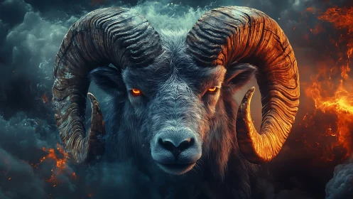 Powerful ram head with glowing eyes in fiery storm clouds.
