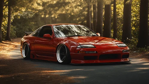 Sleek red tuner car resting under soft golden forest light.