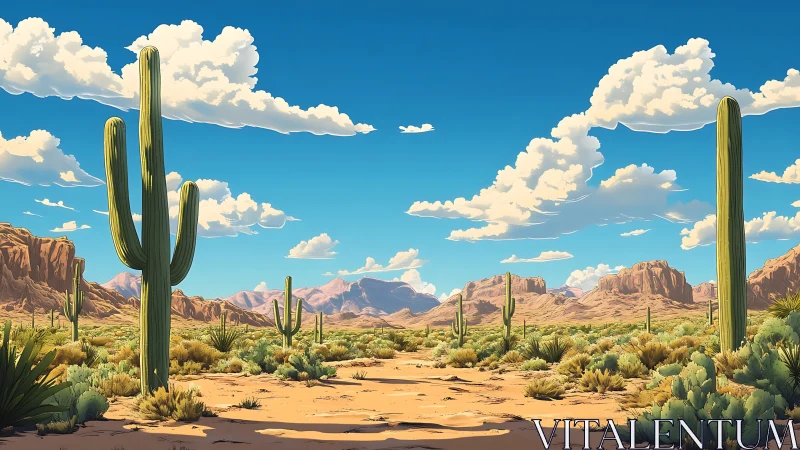 Digital rendering depicts cacti across an arid desert plain