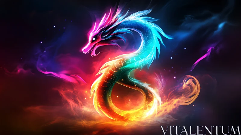 Chromatic energy dragon coiled in neon elemental flames.