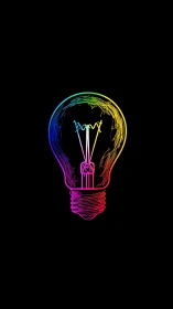 Neon rainbow lightbulb sketches a glowing idea in space