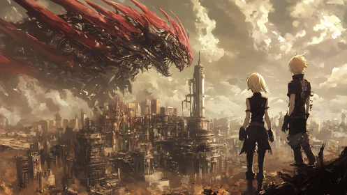 Mechadragon confrontation above decayed industrial megacity.